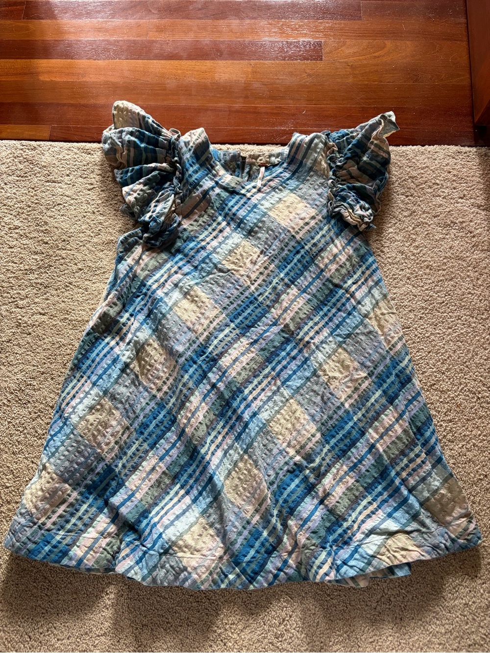 Free People Blue Cream Plaid Quilted Mini Dress